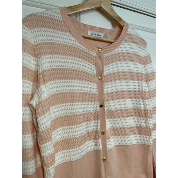 Calvin Klein Soft Pink White Lightweight Cotton Cardigan Sweater M Striped Prep - Picture 1 of 7